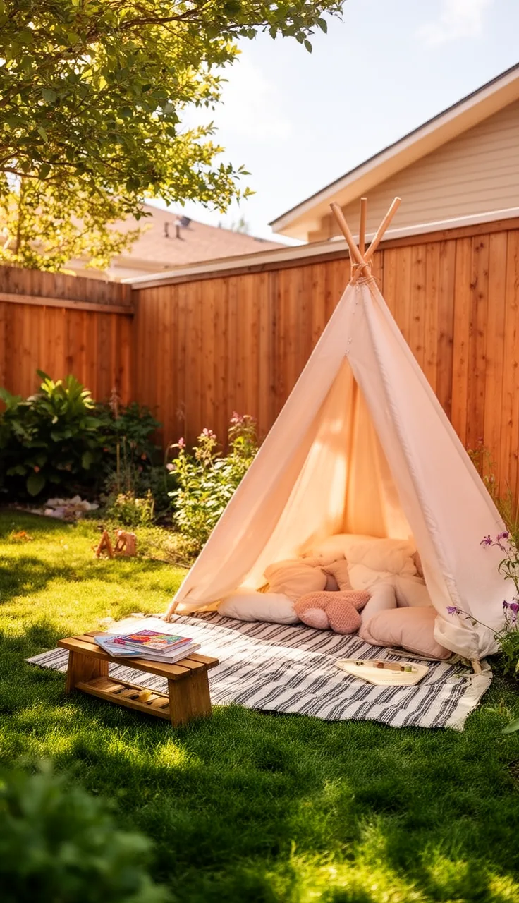A canvas teepee camp-out corner in a cozy backyard play area