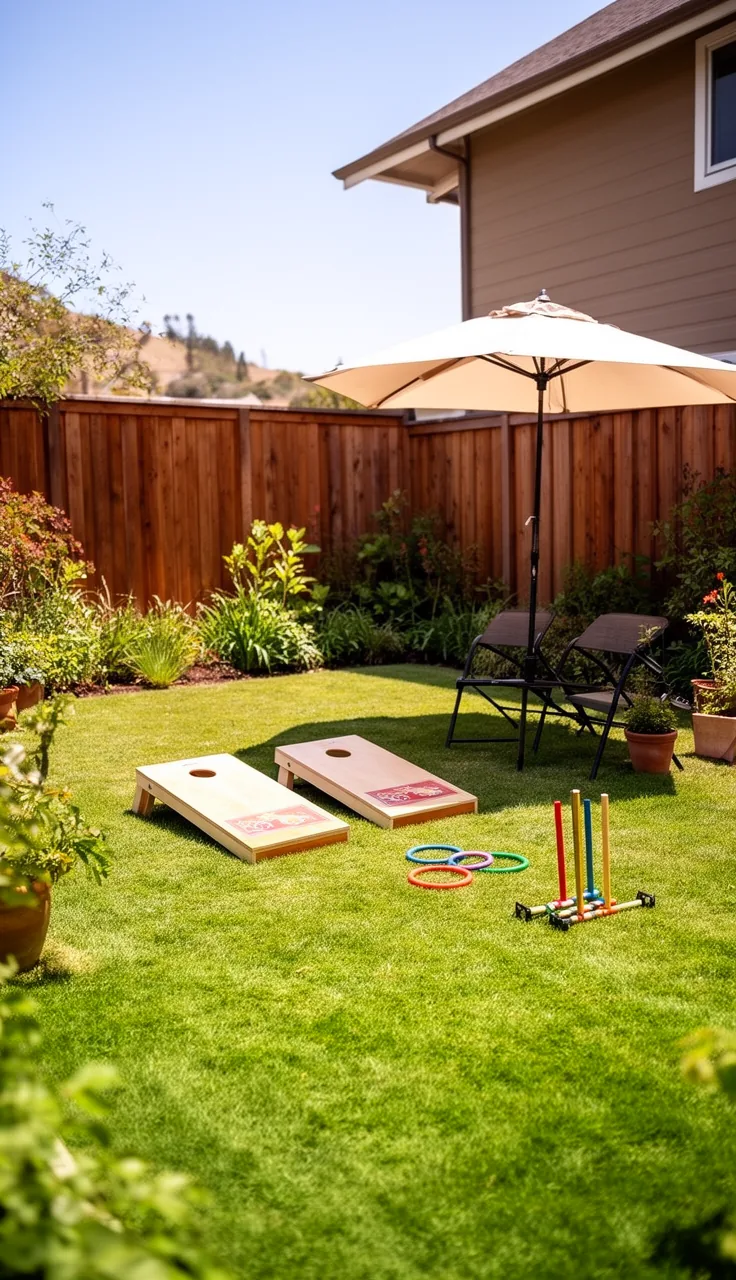 A classic lawn games lounge in a backyard play area