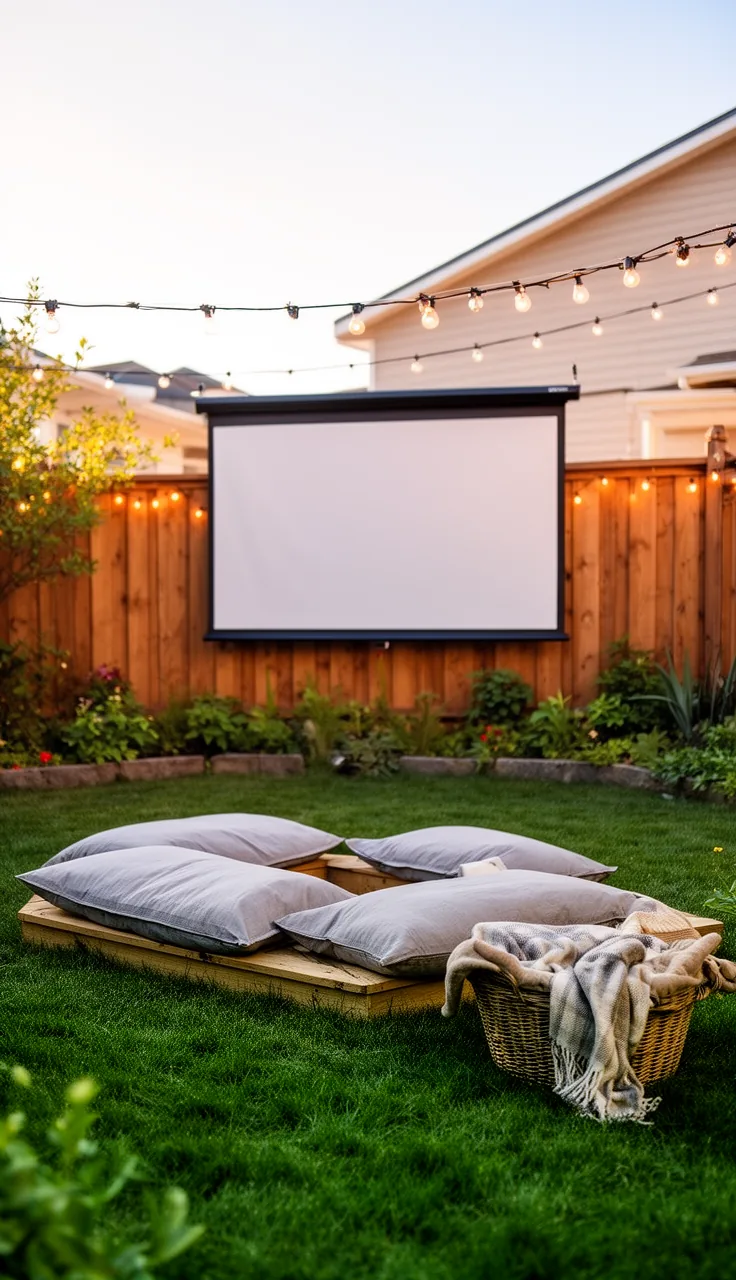 A drive-in movie lawn with cozy seating in a backyard play area