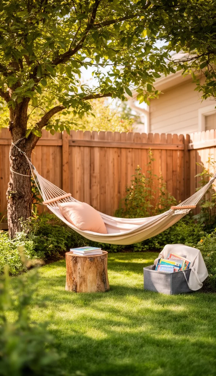 A tree-trunk reading terrace with a hammock in a backyard play area