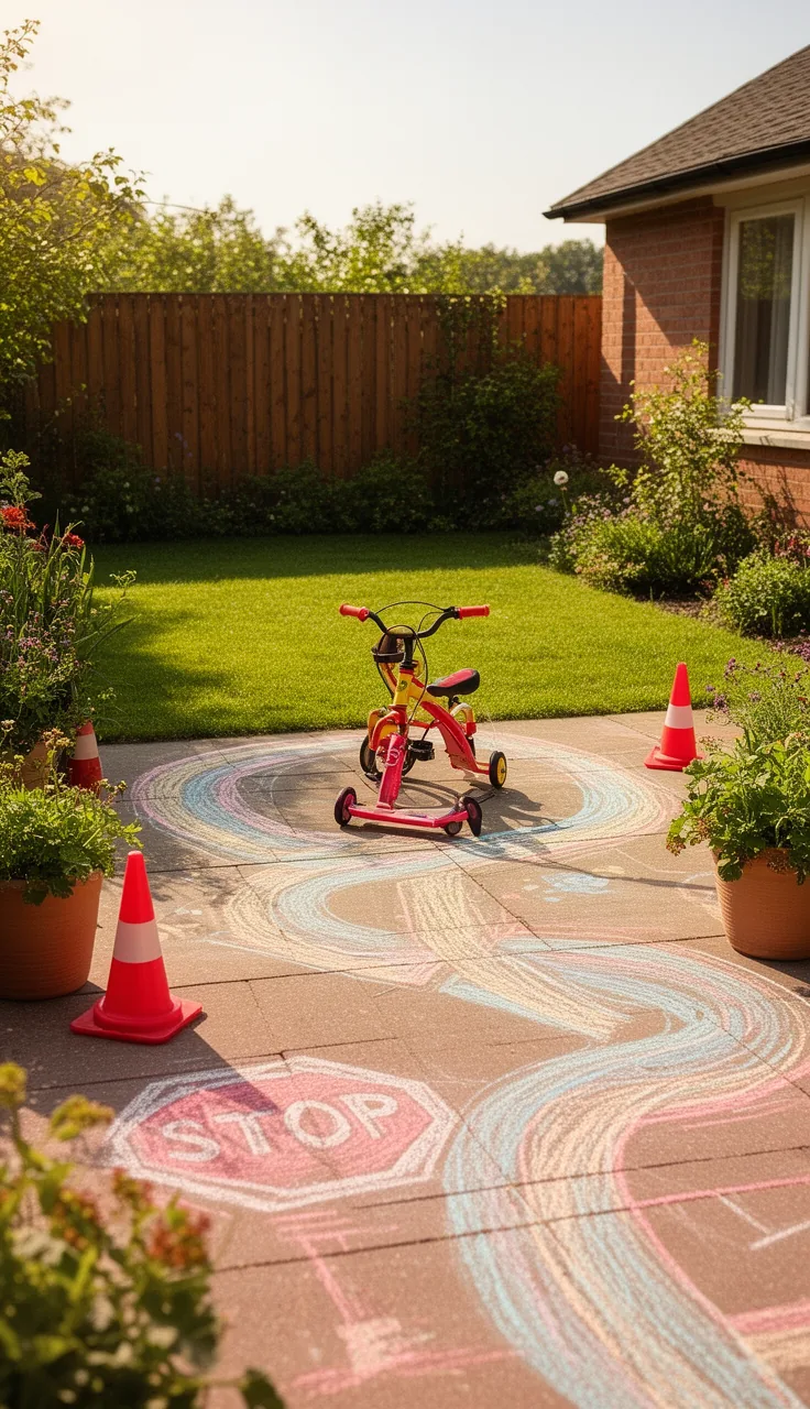 A chalk bike track in a backyard play area