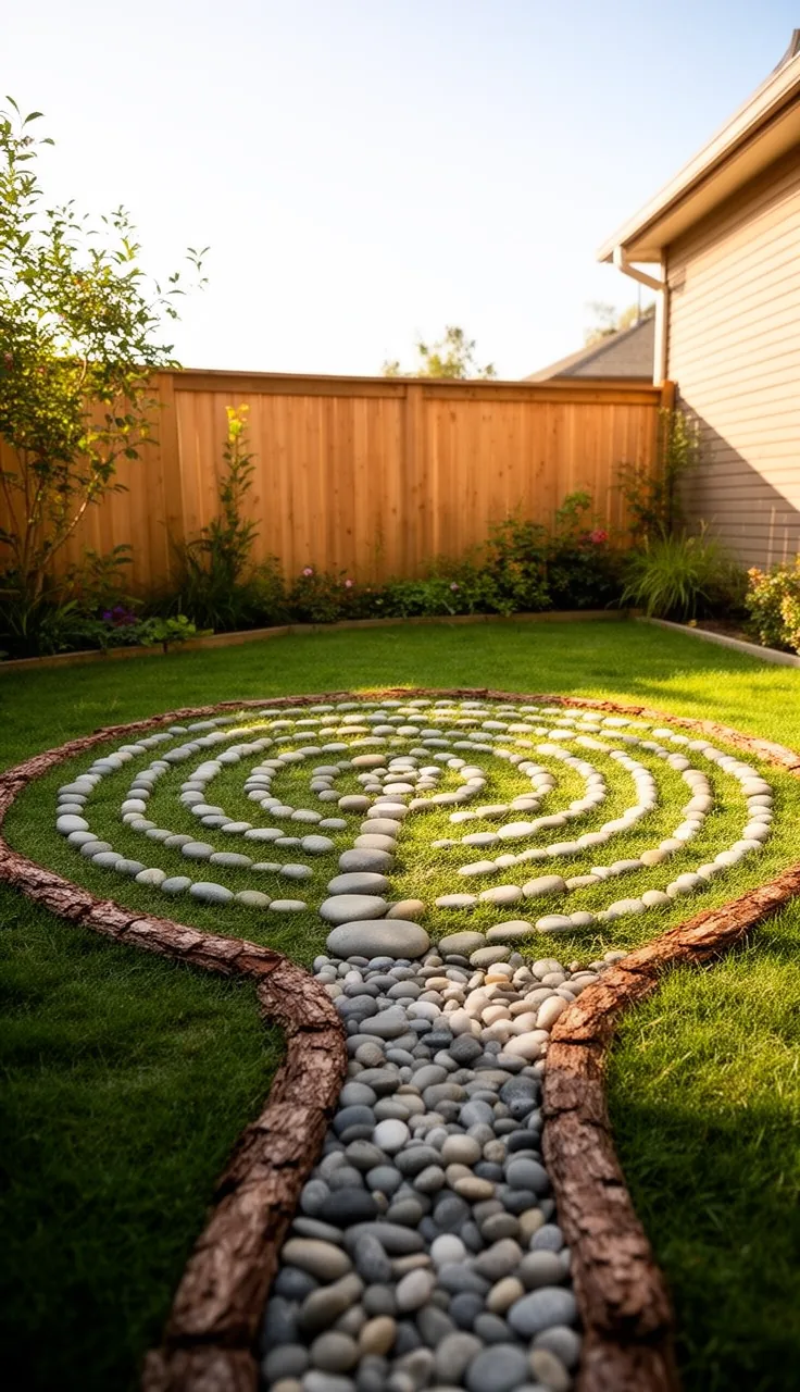 A pebble labyrinth and sensory path in a backyard play area