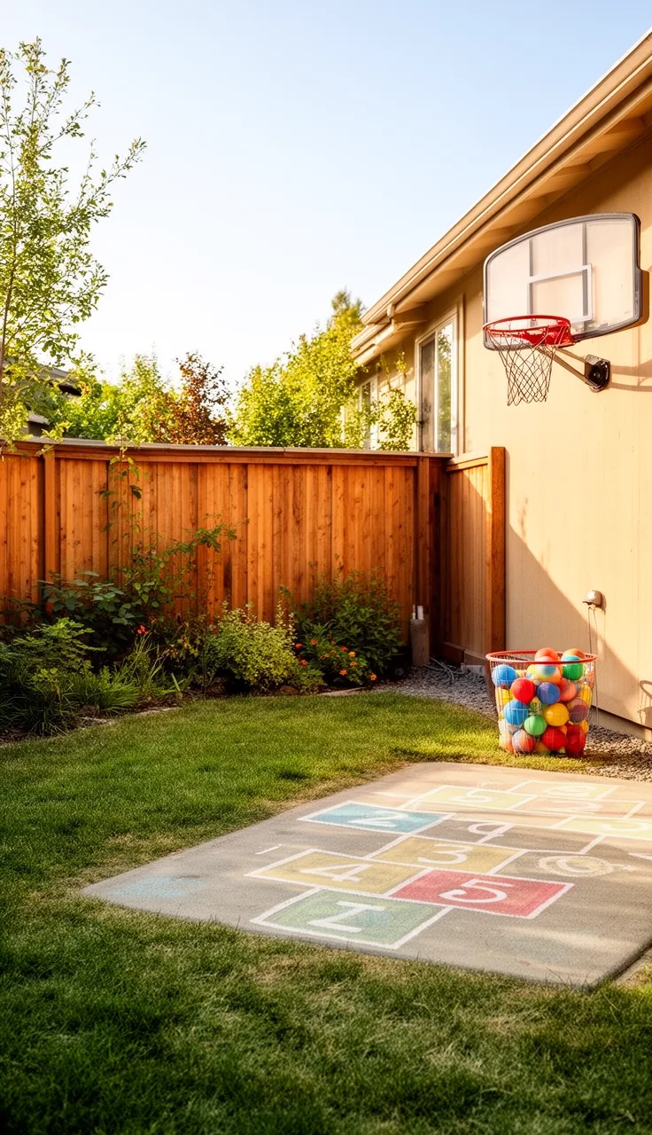 A side-yard mini court in a backyard play area
