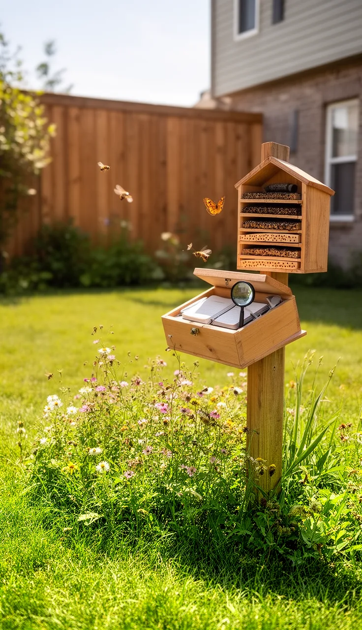 A wildflower science station with a bug hotel in a backyard play area