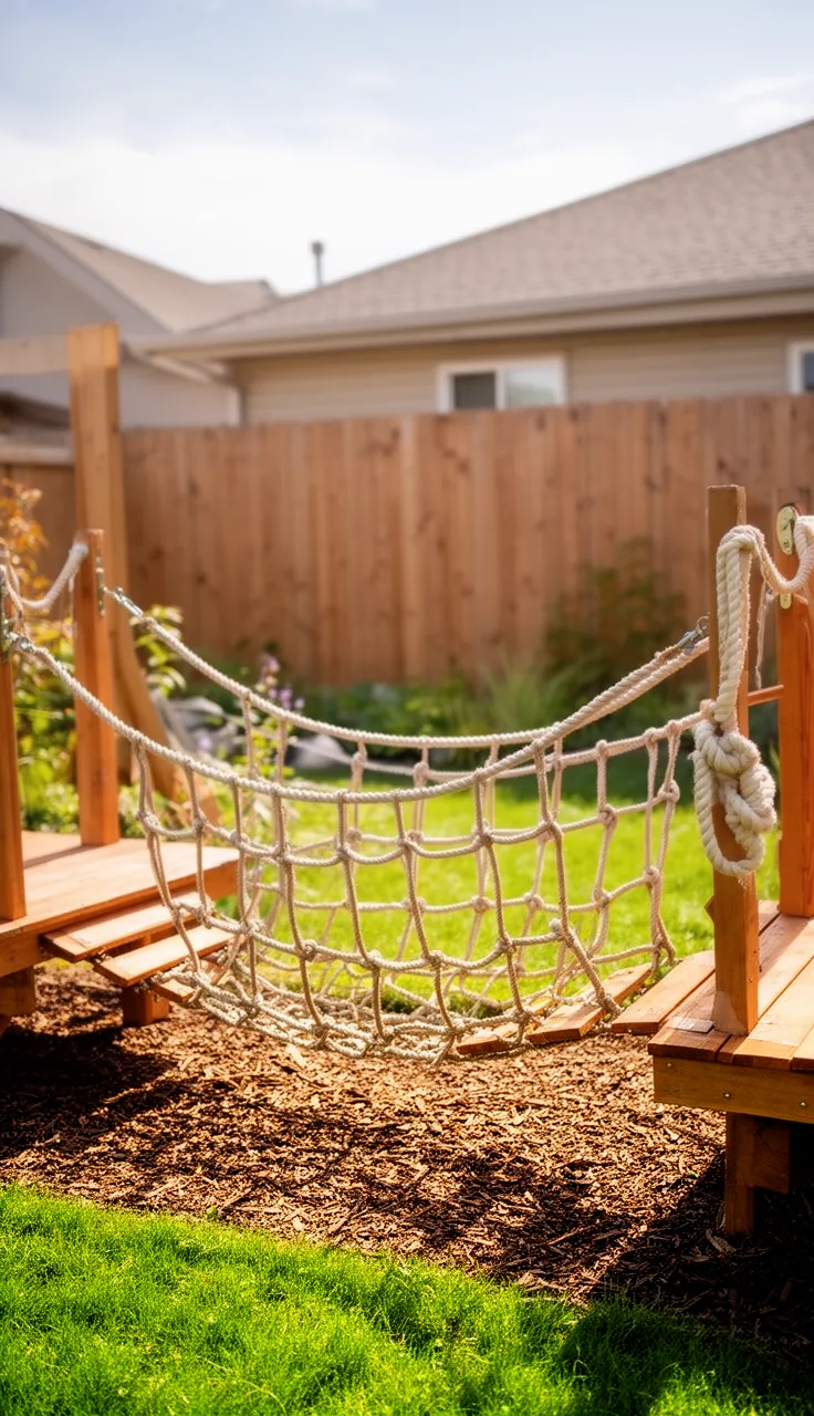A nautical rope course with platforms in a backyard play area