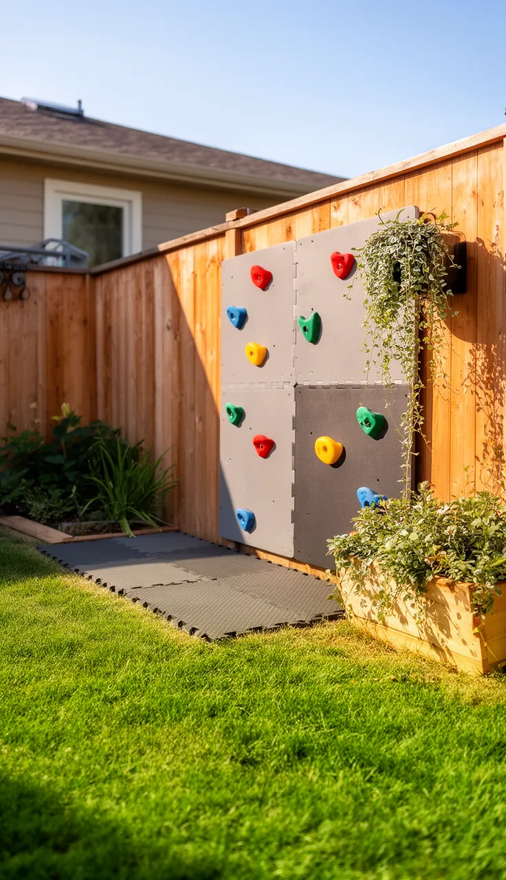 A fence-mounted climbing nook in a small backyard play area