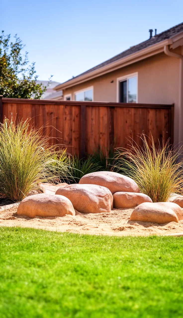 Climbing boulders in a desert-style backyard play area