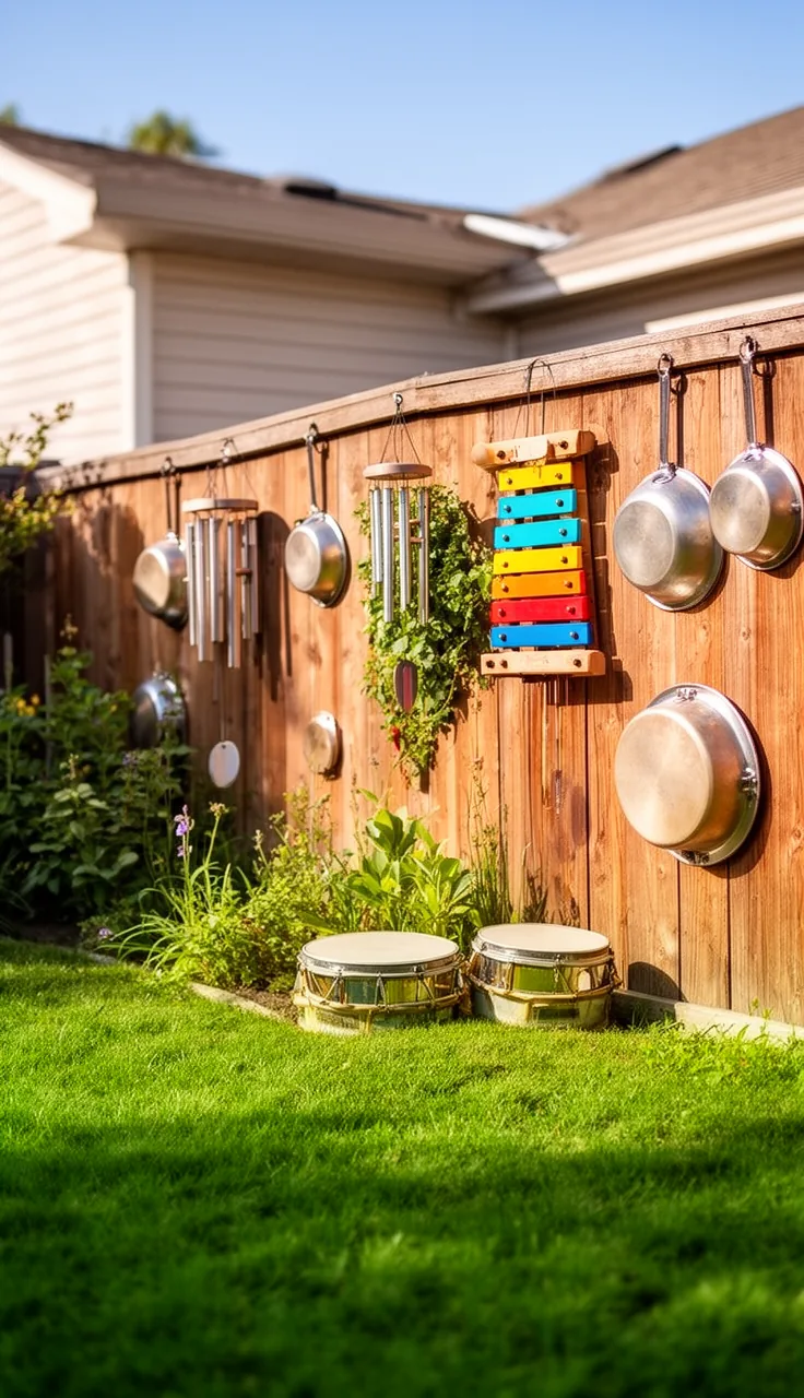 A percussion fence music meadow in a backyard play area