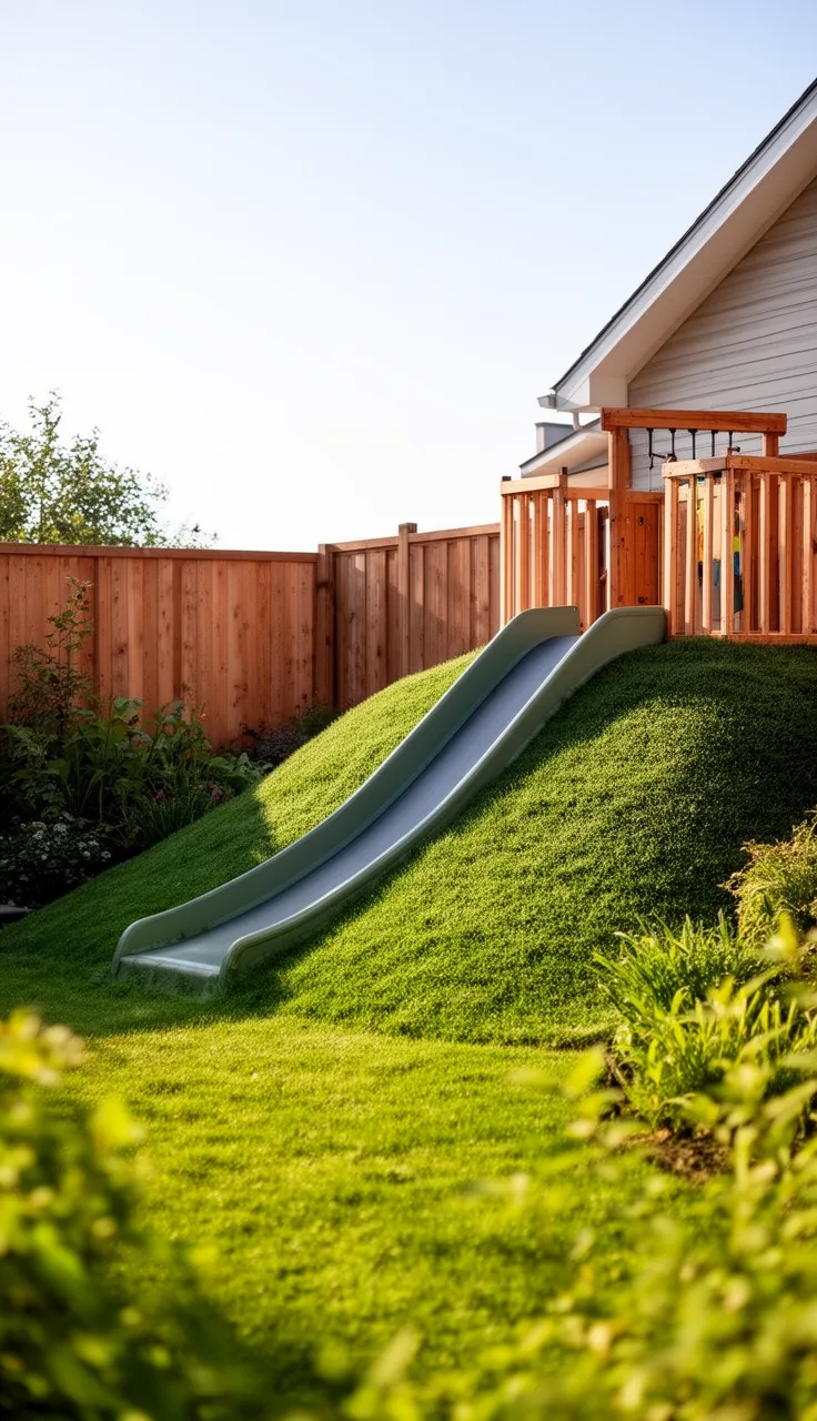 A turf slide hill in a backyard play area