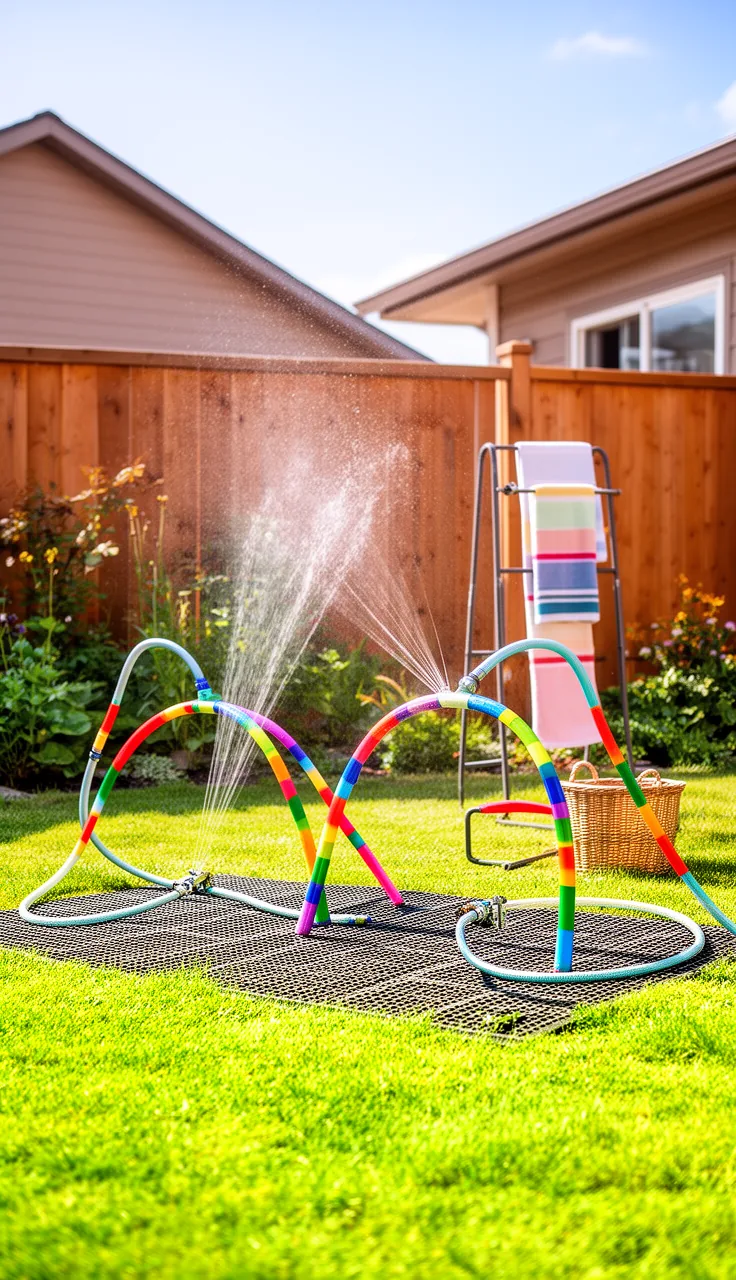 A rainbow sprinkler dash in a backyard play area
