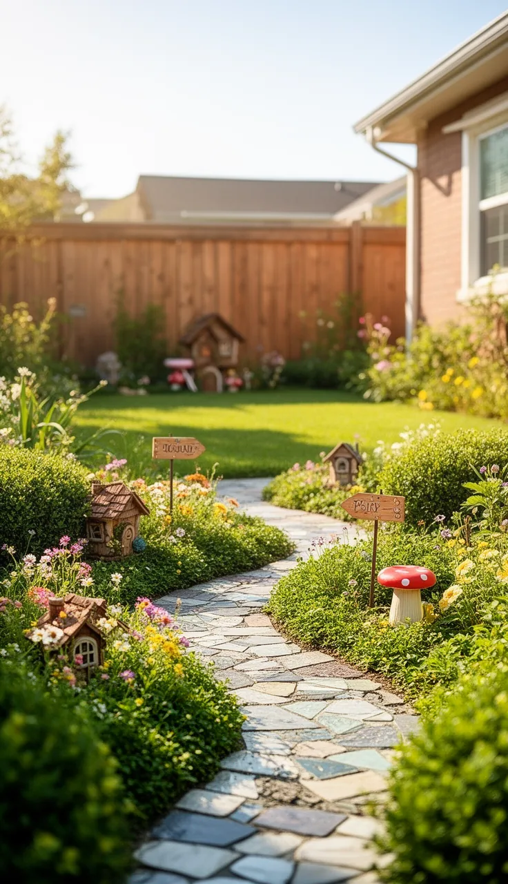 A storybook fairy trail in a backyard play area garden