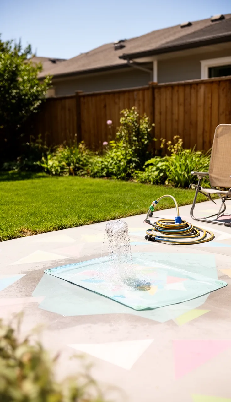 A modern splash pad patio with painted stencils in a backyard play area