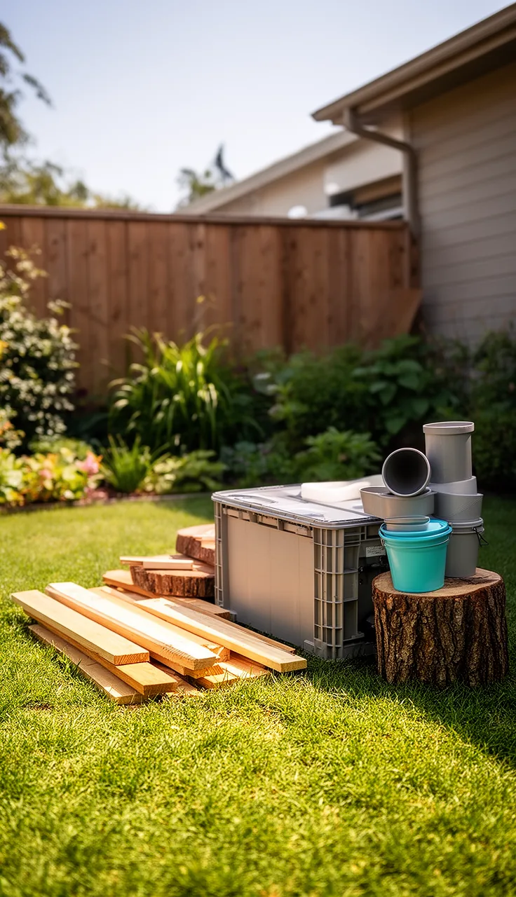A loose parts builders yard in a backyard play area