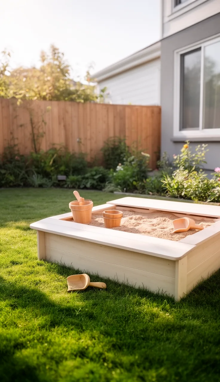 A wooden Scandinavian sandbox in a backyard play area