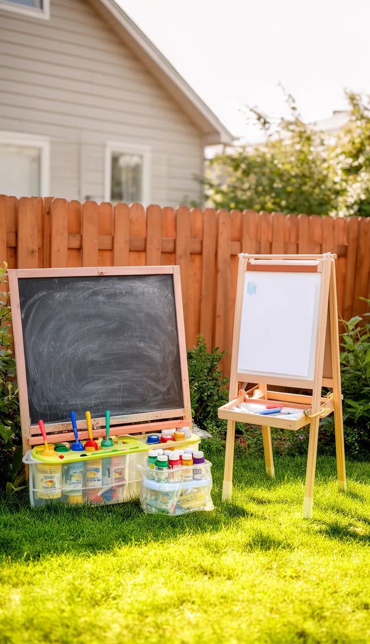 An outdoor easel art wall in a backyard play area
