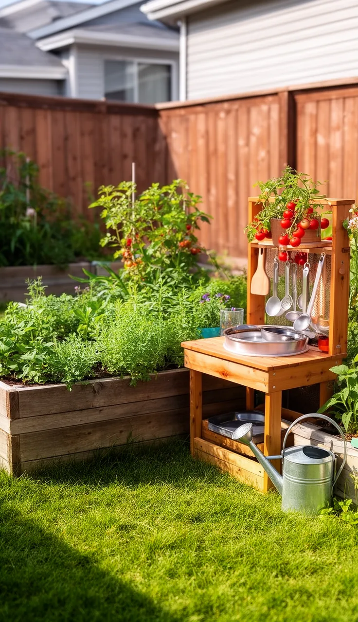 Raised beds and a mud kitchen in a backyard play area