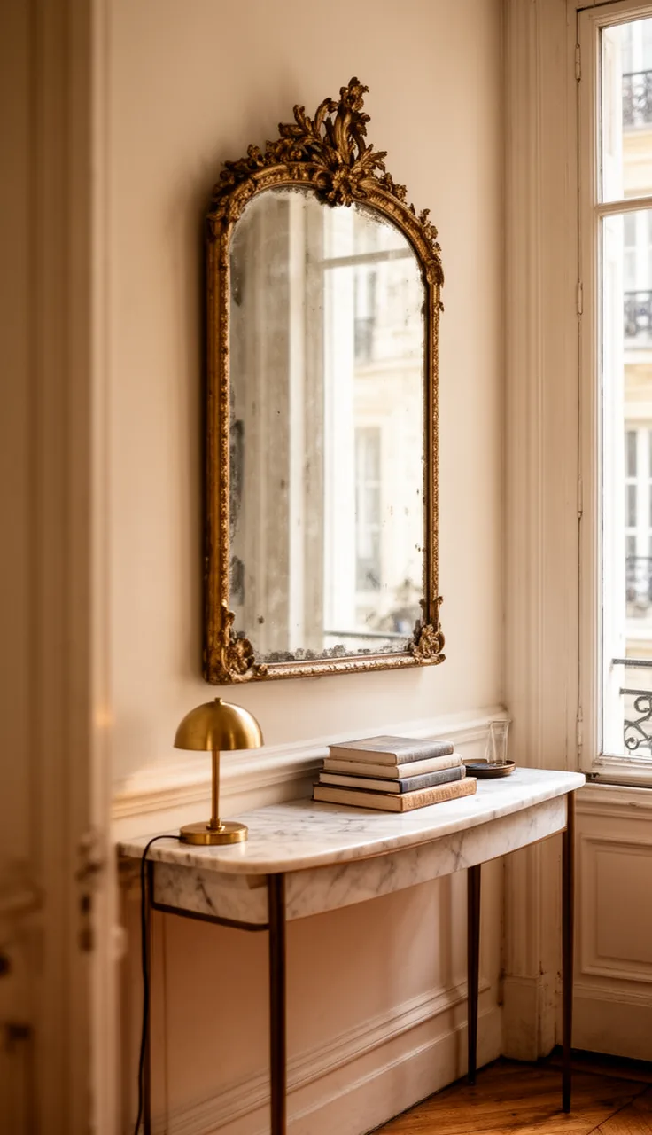 A gilded vintage mirror over a marble console in a Parisian entryway