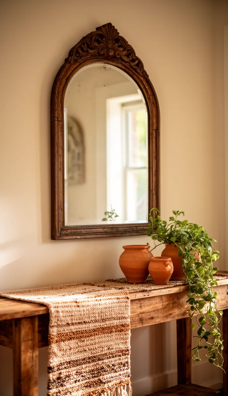 A carved boho vintage mirror over a textile-layered console
