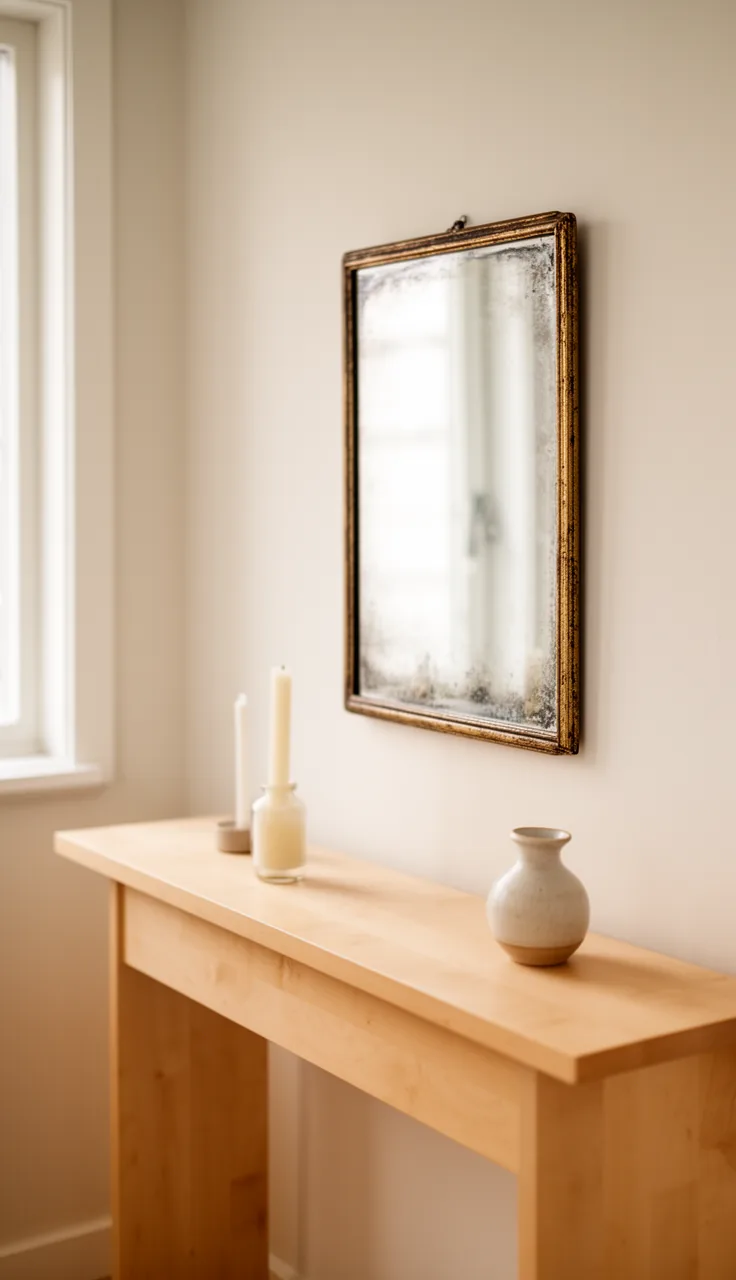 A slim Scandinavian vintage mirror over a pale birch console