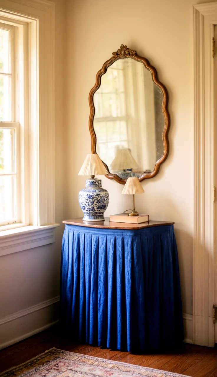A scalloped grandmillennial vintage mirror over a skirted console