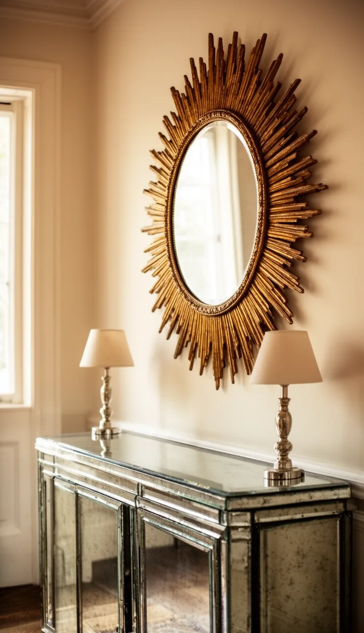 A gold sunburst vintage mirror over a mirrored console