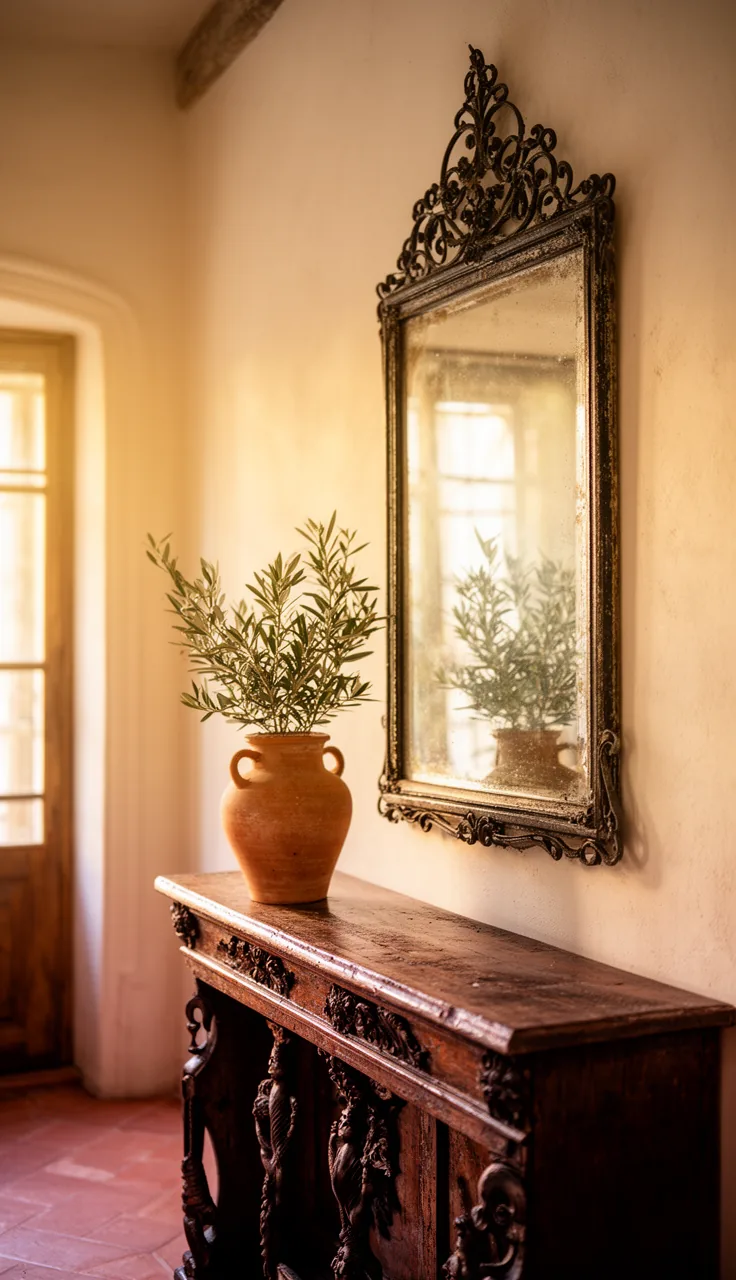 A wrought-iron vintage mirror over a carved wood Mediterranean console