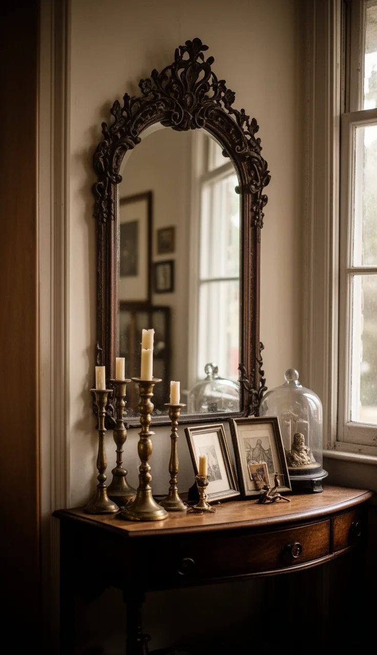An ornate Victorian vintage mirror over a curio-filled console