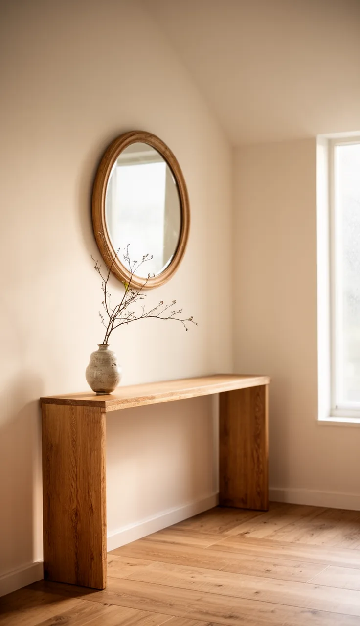 A round Japandi vintage mirror over a low natural console
