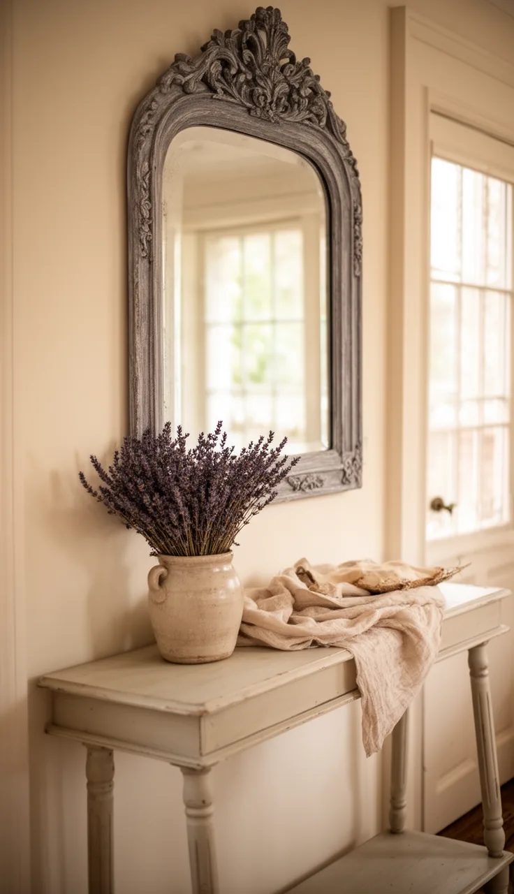 A gray-washed French country vintage mirror over a painted console