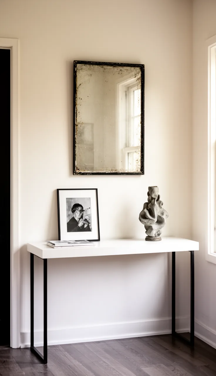 A black-framed antique mirror over a white contemporary console