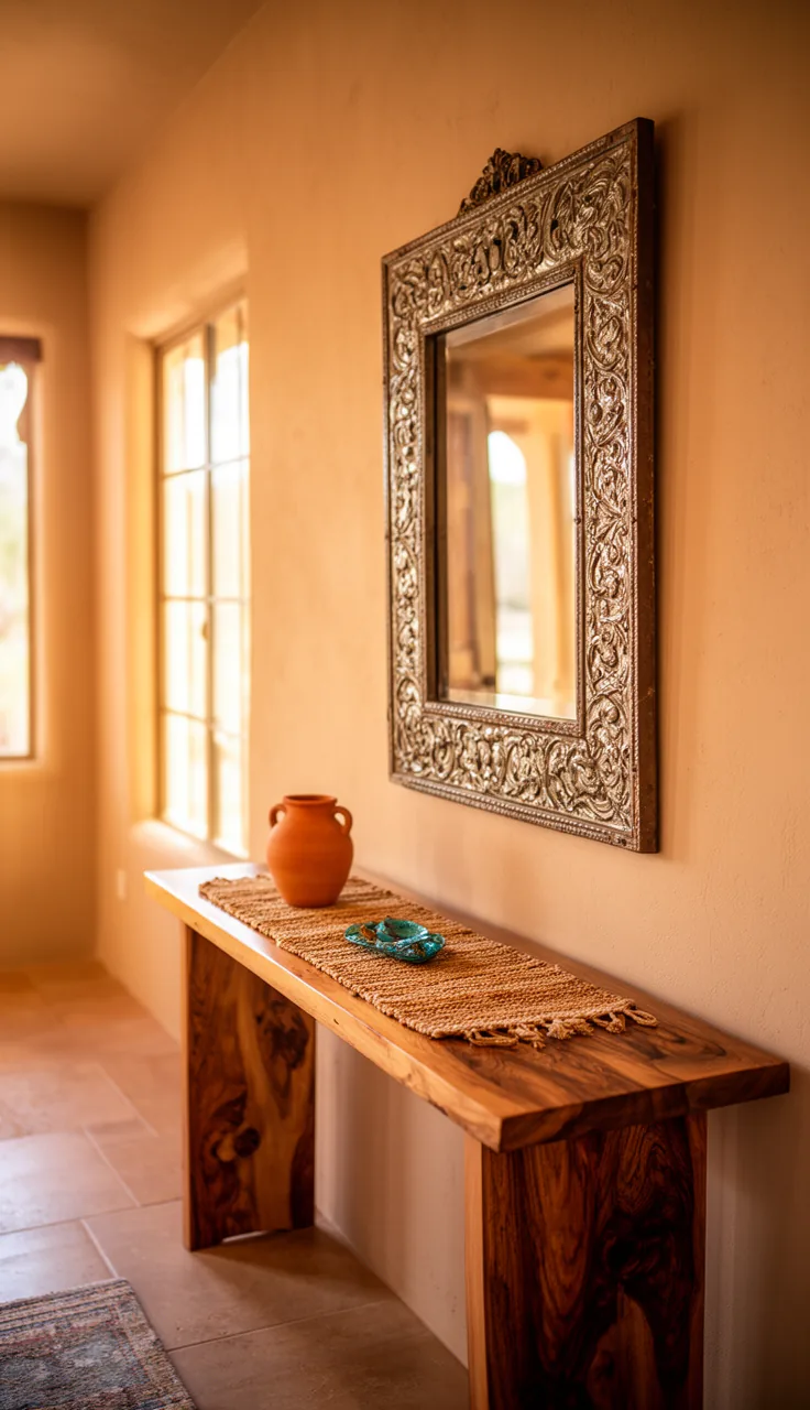 A tin-punched Southwestern vintage mirror over a warm wood console