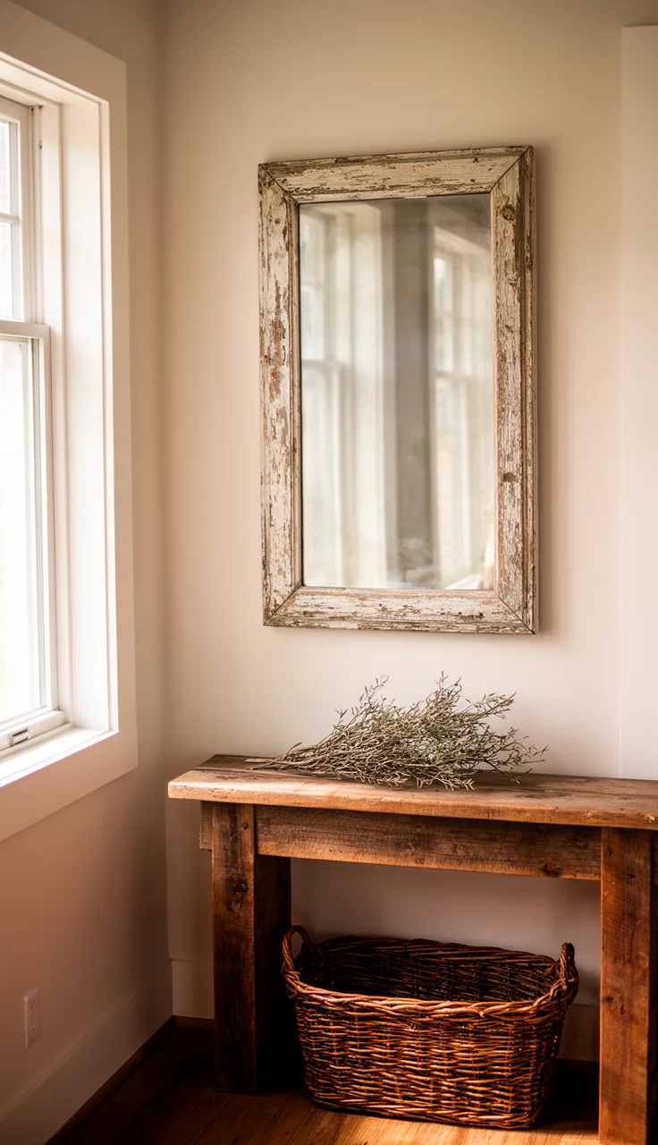A rustic farmhouse vintage mirror with patina over a wood console