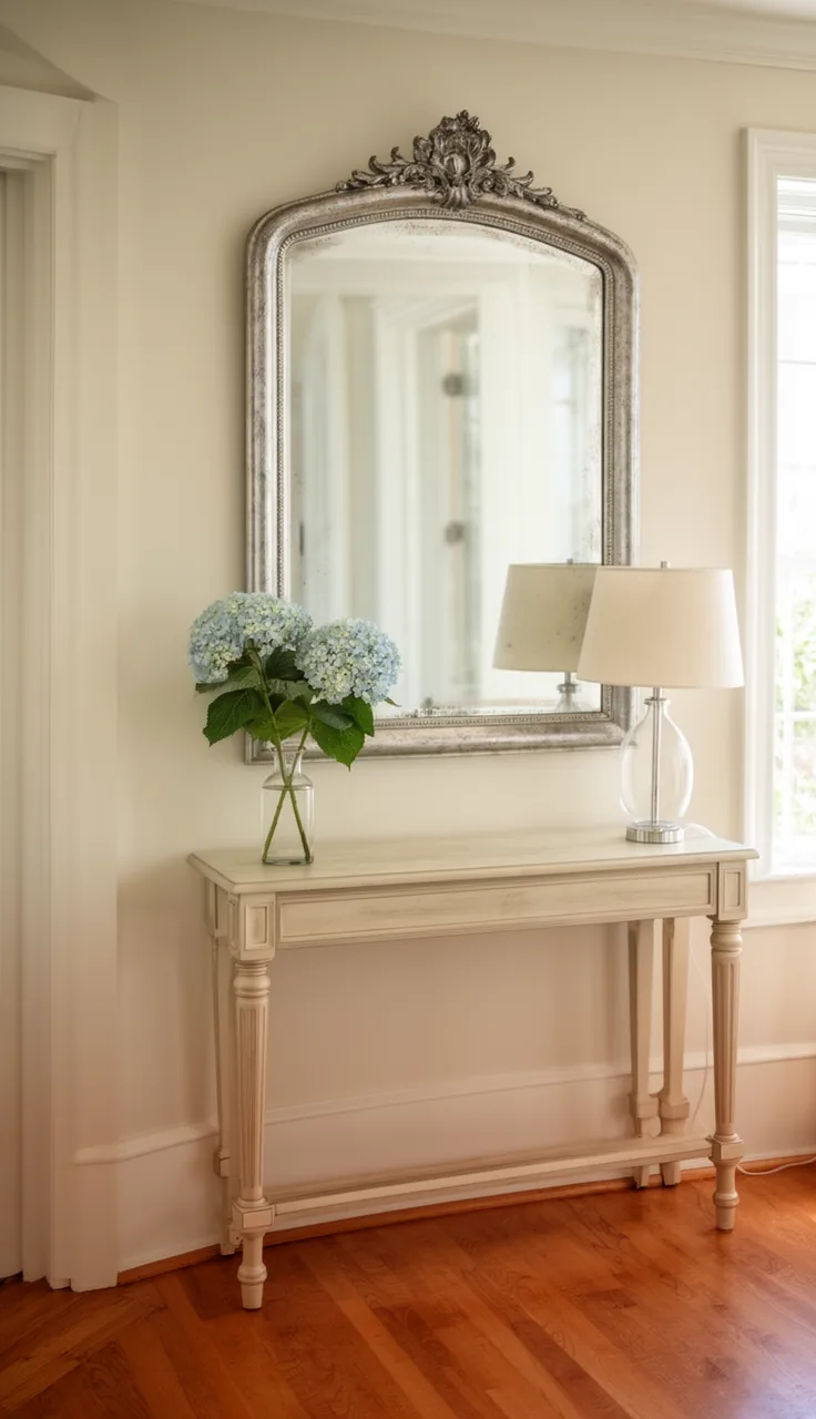 An oversized coastal-grand vintage mirror over a refined console