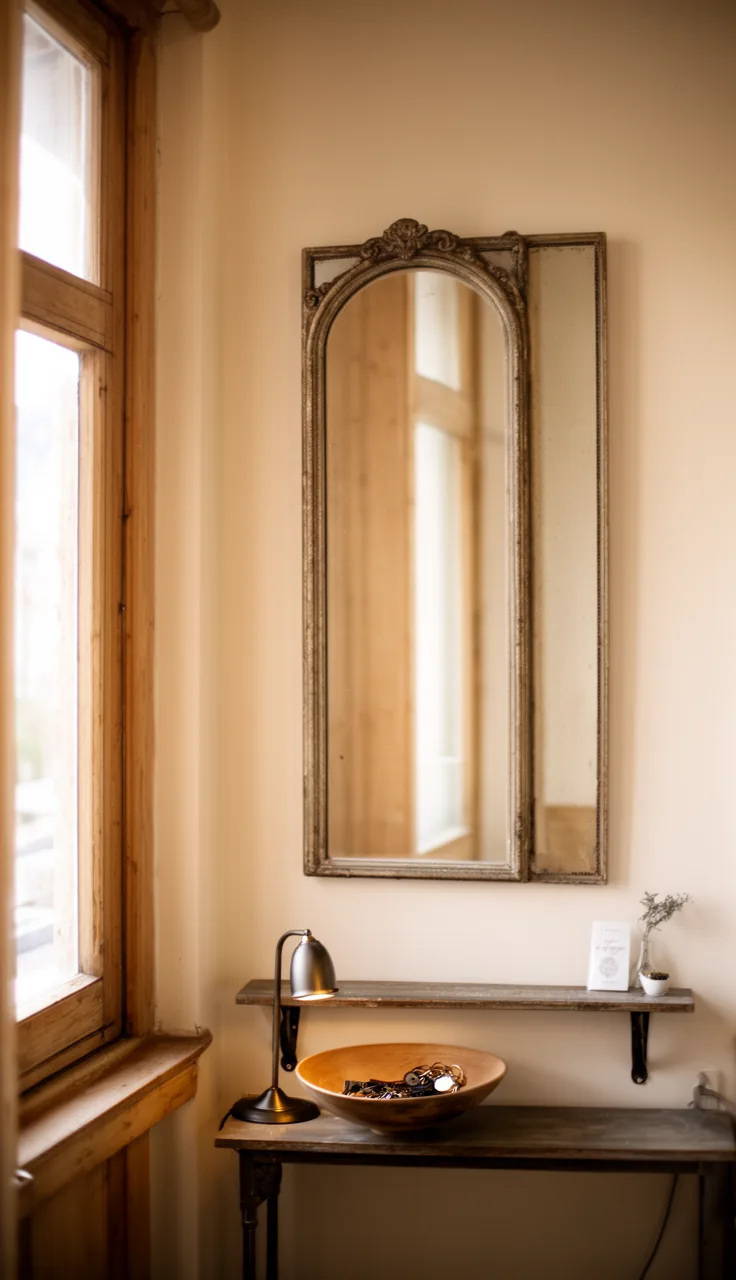 A tall slim vintage mirror over a narrow console in a small entryway