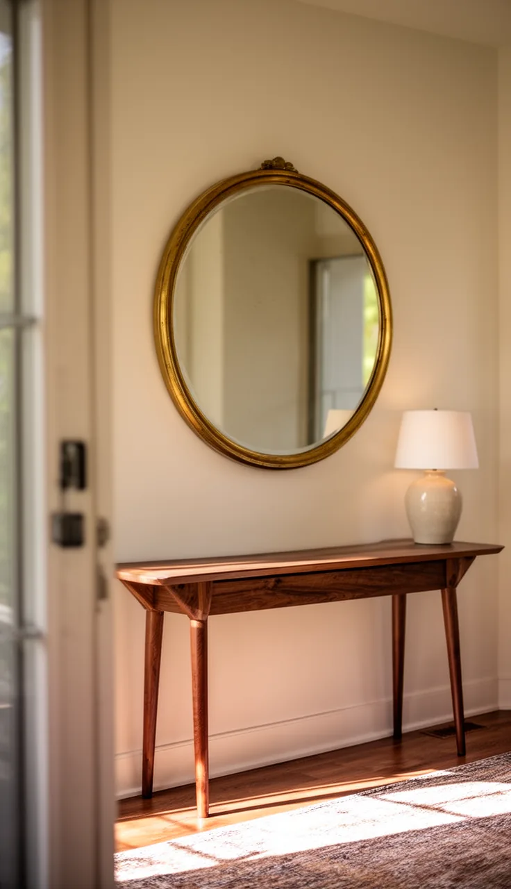A round mid-century vintage mirror over a walnut console