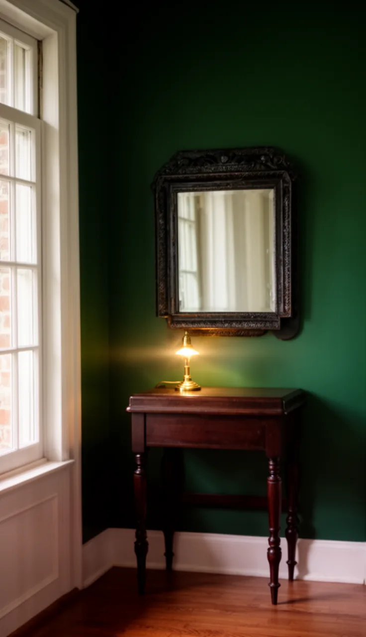 An ornate vintage mirror on a deep emerald entryway wall