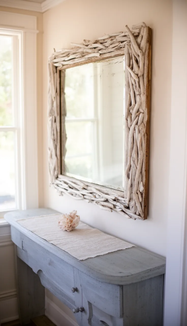 A whitewashed coastal vintage mirror over a pale console