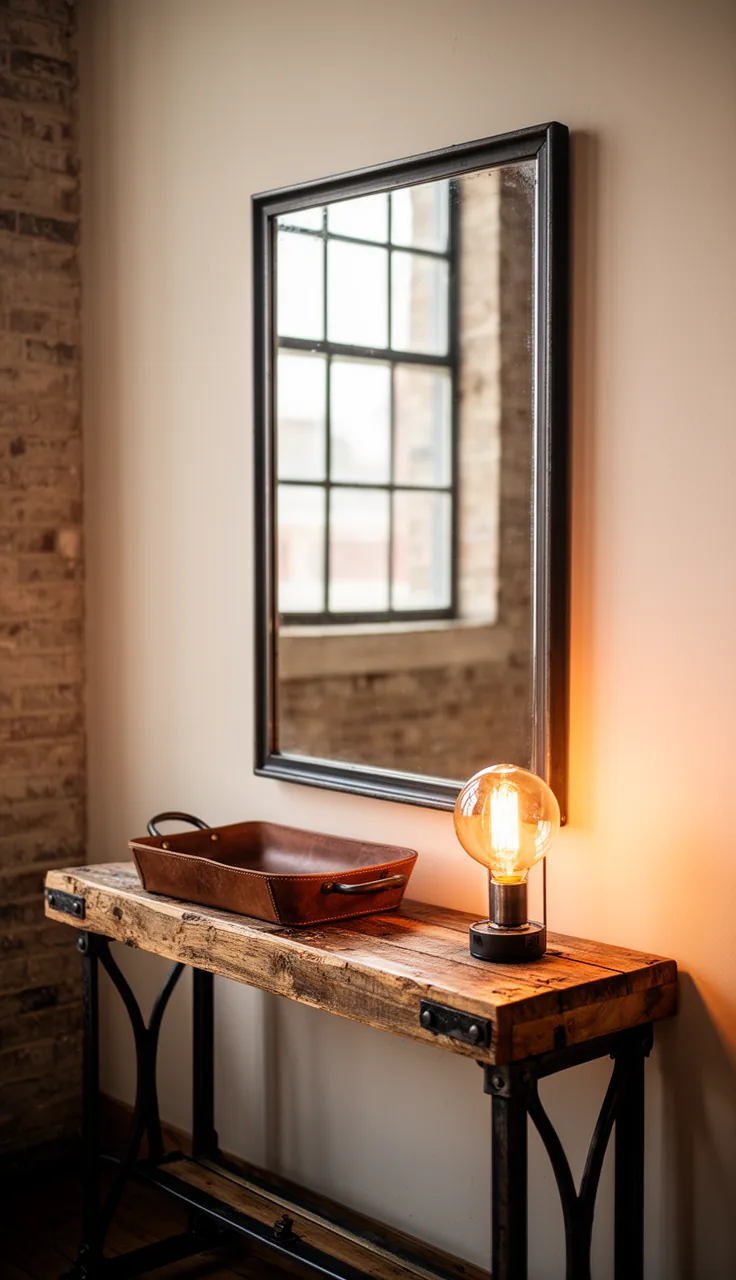 A black industrial vintage mirror over a wood and iron console