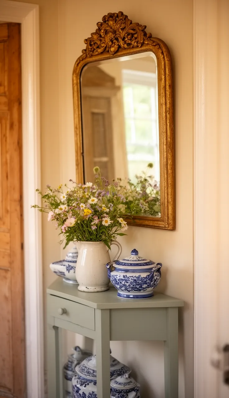An English country vintage mirror over a painted console with florals