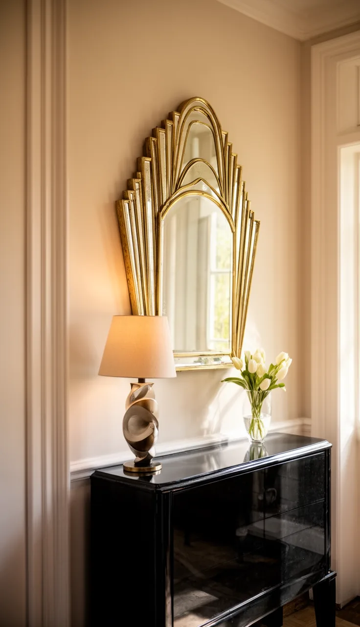 An Art Deco fan-shaped vintage mirror over a lacquered console