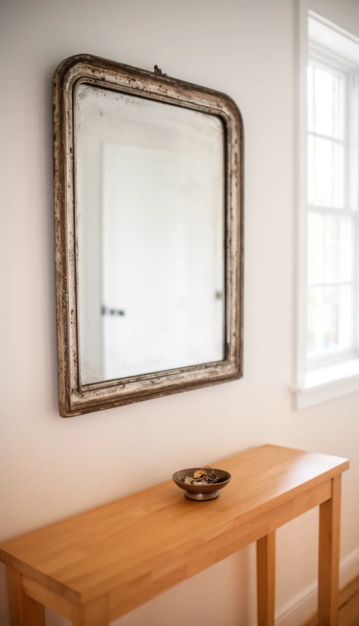 A single antique vintage mirror anchoring a minimalist entryway
