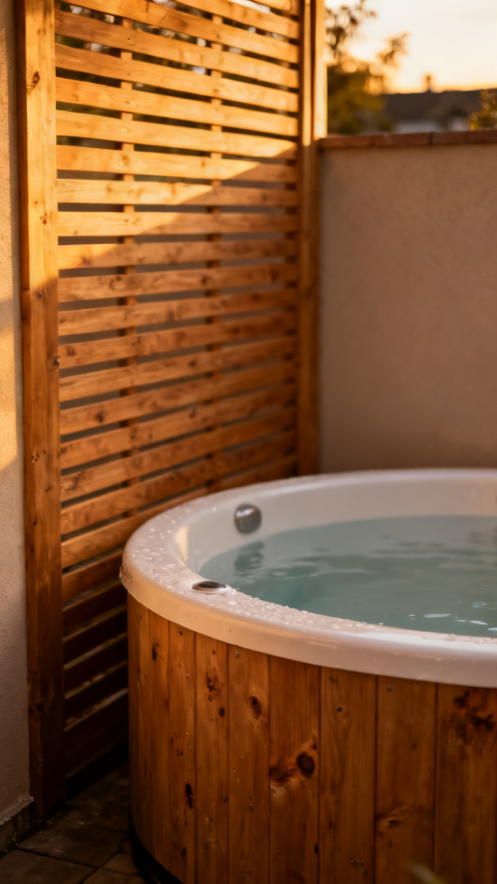 Compact round outdoor hot tub tucked into a tiny corner patio with a cedar slat screen