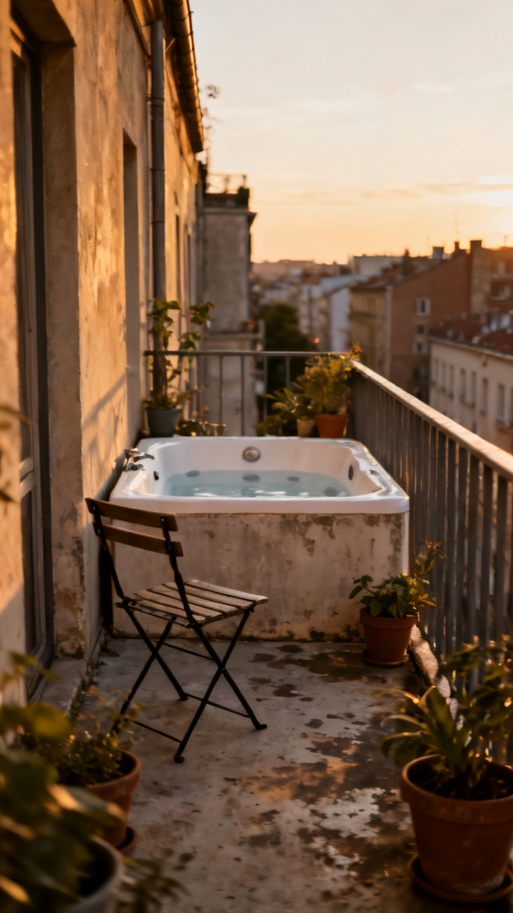 Small square jacuzzi on a narrow balcony with folding chairs and potted plants