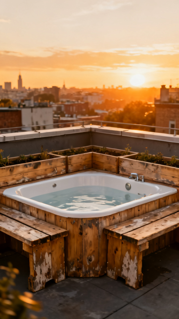 Petite outdoor soaking tub on a rooftop with built-in planter benches