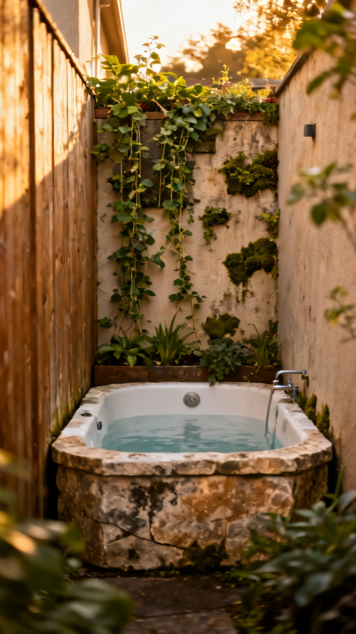 Tiny side yard hot tub against a fence with a vertical garden wall