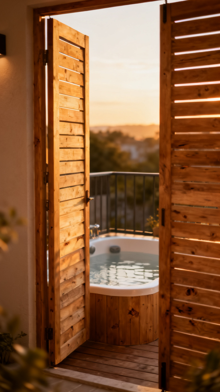 Small terrace spa with sliding wood privacy panels partly open