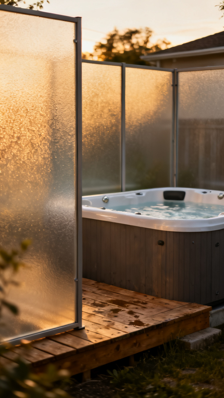 Outdoor hot tub screened by frosted glass privacy panels on a small deck