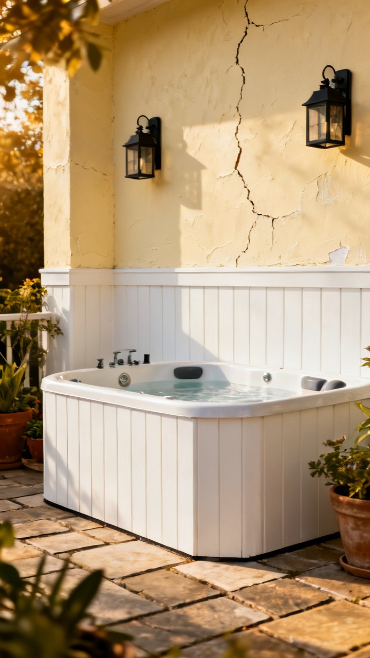 Compact jacuzzi wrapped in a creamy white board-and-batten half wall