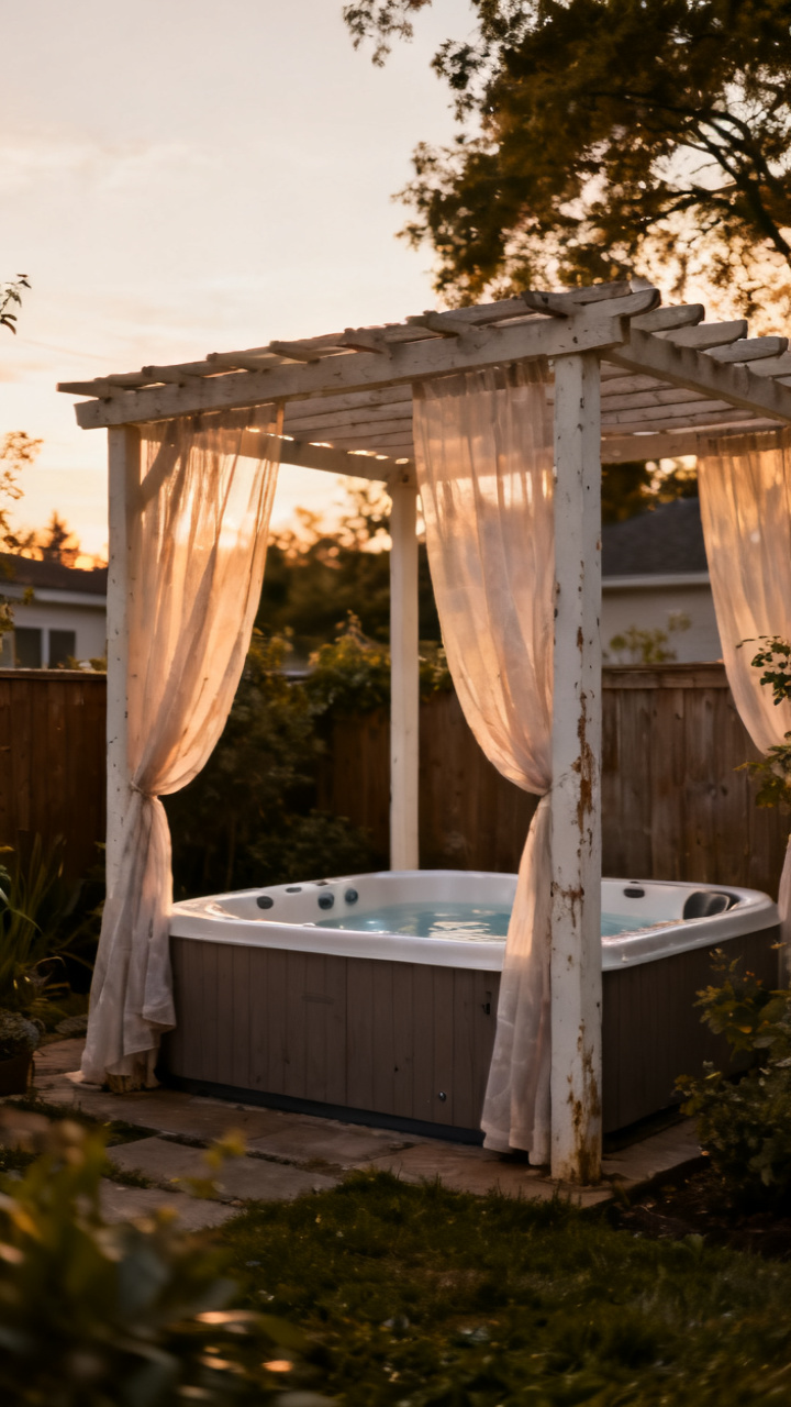 Small outdoor spa behind a slim pergola with draped sheer curtains