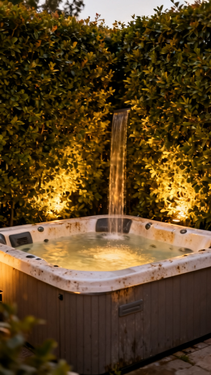 Corner hot tub flanked by a lush privacy hedge and a slim waterfall